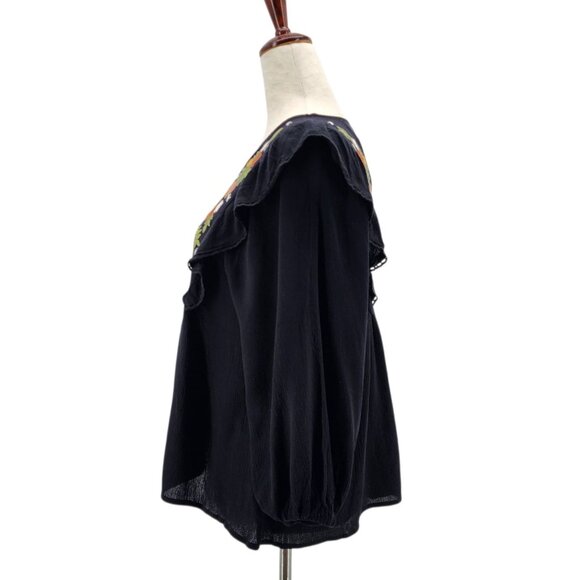 NEW In Loom Womens XS Top Embroidered Floral Tunic Peasant Black Multicolor Boho - Picture 4 of 12